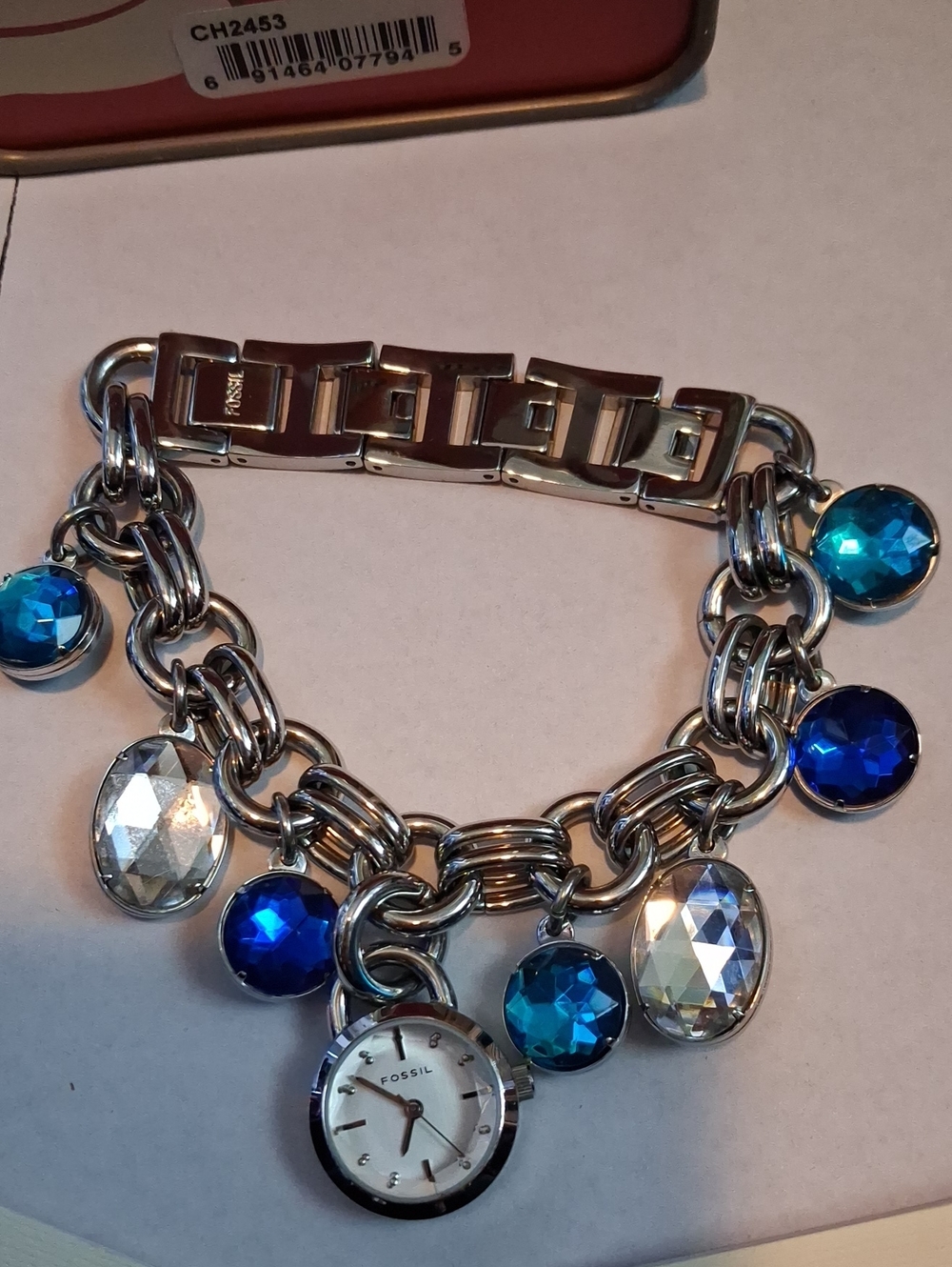 Fossil Silver Charm Bracelet with Blue and Navy Crystal Charms Watch Womens